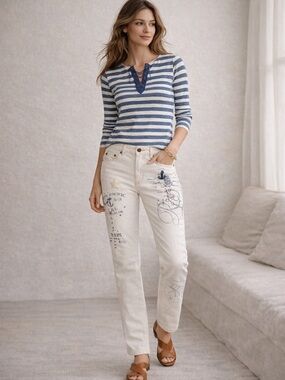 Ralph Lauren Jeans Nautical Embroidered Off White Anchor Straight Leg Size 4